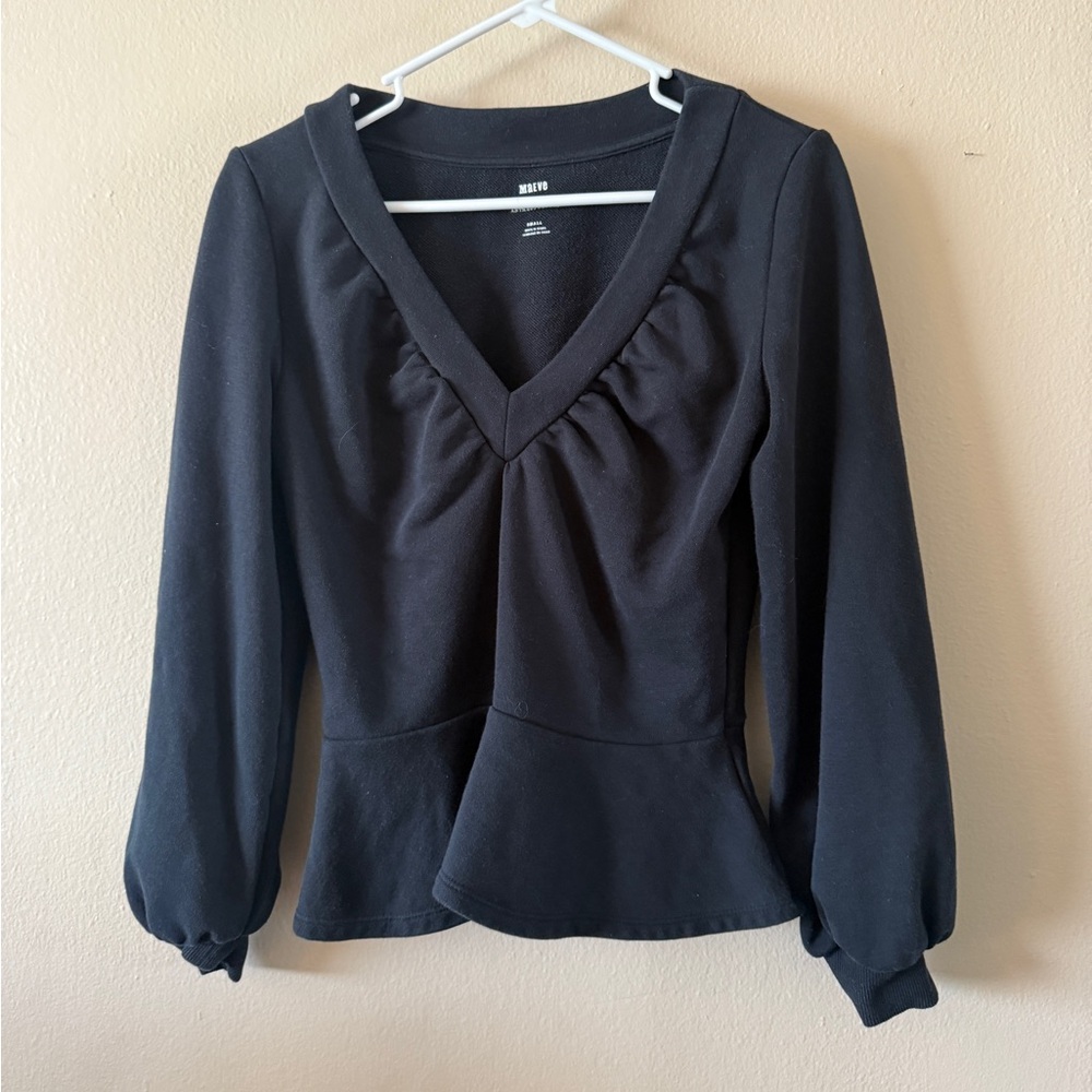 Maeve Anthropologie Peplum Top Black Ruched V-Neck Cotton Knit size S Coquette